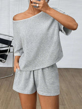 Gray Knitted Women's Casual Off Shoulder Batwing Sleeve Summer Top And Shorts Set